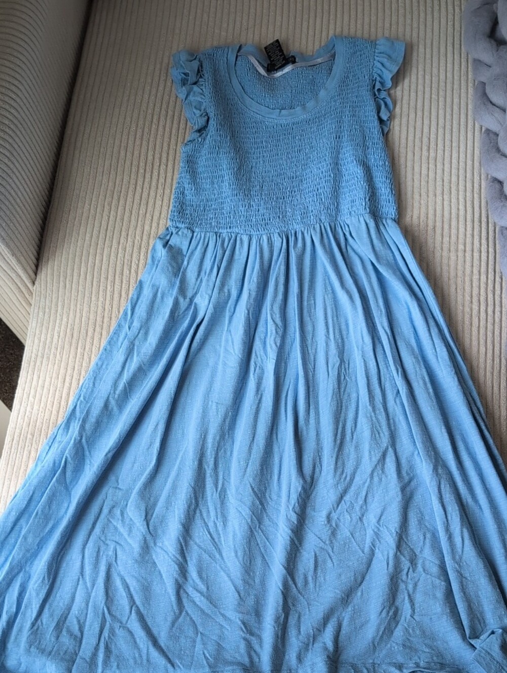 Women Light Blue Smocked Waist Dress with Flutter Sleeves